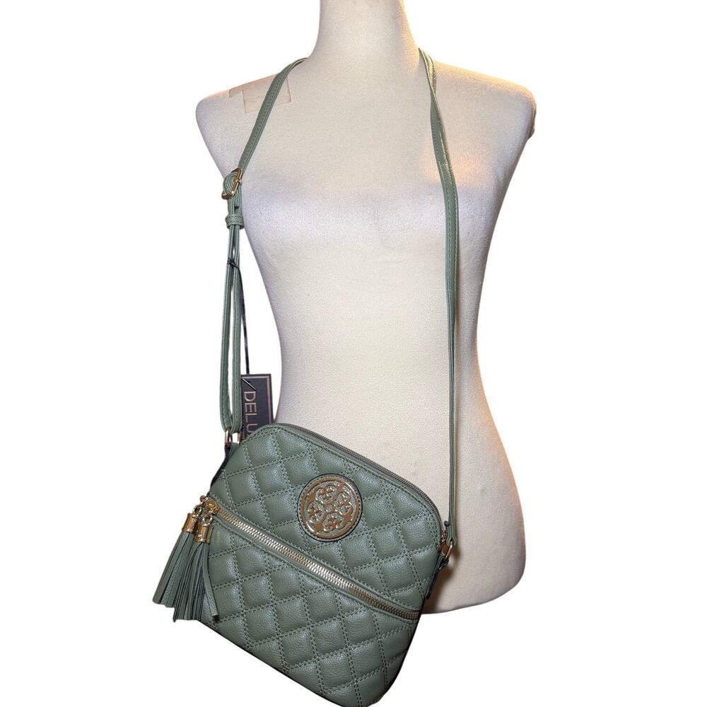 Deluxity Sage Green Quilted Crossbody Bag, Gold Hardware Tassels, NWT
